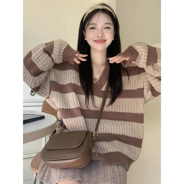 Getadme-Korean Style Vintage Brown Striped Sweater Women Harajuku Oversize Pullover Jumper Preppy Jerseys Casual Knitted Tops